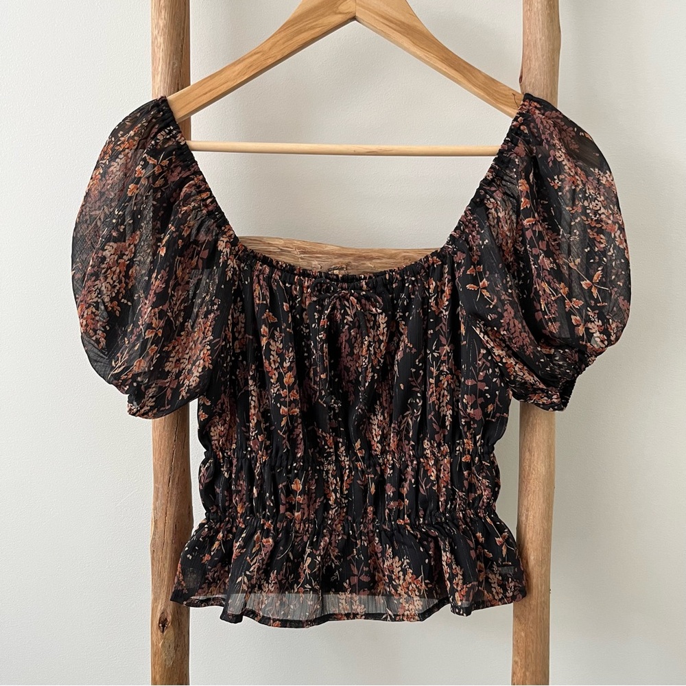 [by together] brandi floral puff sleeve metallic lurex square neck peasant top